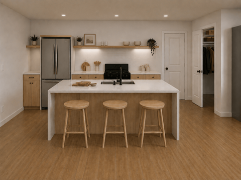 A kitchen with a white countertop and wooden stools.