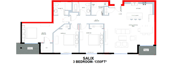 A floor plan of a 3 bedroom, 1350 square foot Salix apartment.
