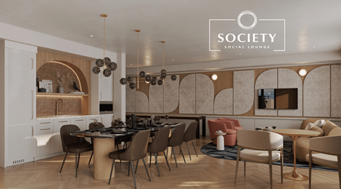 A modern dining area with a wooden table and chairs.