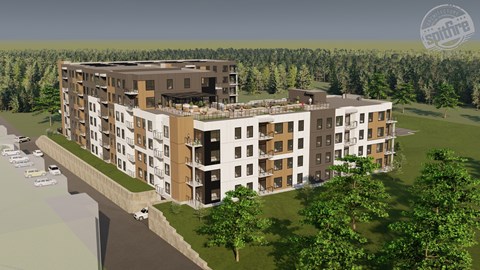 A rendering of a multi-story apartment building with a parking lot in front.