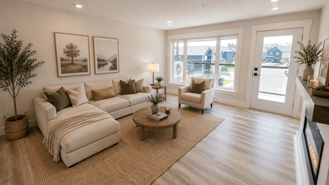 A living room with a white couch, a coffee table, and a potted plant.