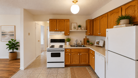 A kitchen with wooden cabinets and a white refrigerator.