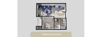 A 1 Bedroom Apartment layout with a kitchen, living room, and bathroom.