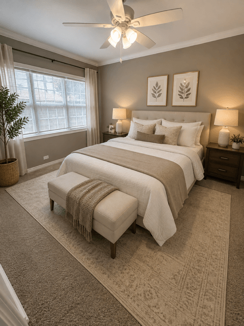 A bedroom with a large bed and a ceiling fan.