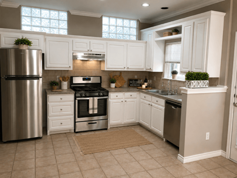 A kitchen with white cabinets and a stainless steel refrigerator.