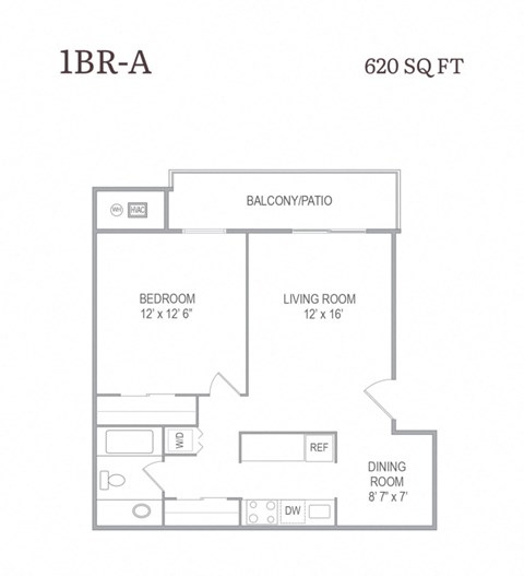 A drawing of a 1BR-A apartment that is 620 square feet.