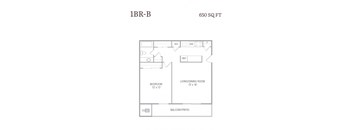 A floor plan for a 1BR-B apartment is 650 square feet and includes a living/dining room, bedroom, and balcony/patio.