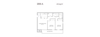 A drawing of a 2BR-A apartment with a living/dining room, two bedrooms, a balcony/patio, and a bathroom.