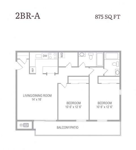 A drawing of a 2BR-A apartment with a living/dining room, two bedrooms, a balcony/patio, and a bathroom.
