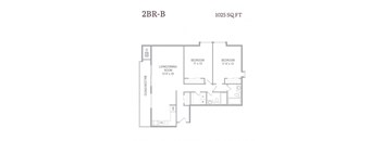 A drawing of a 1025 square foot 2BR-B apartment layout.