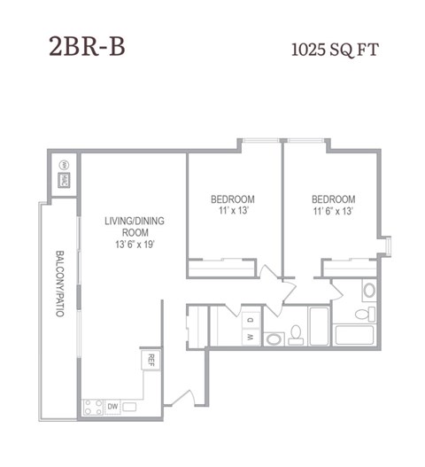 A drawing of a 1025 square foot 2BR-B apartment layout.