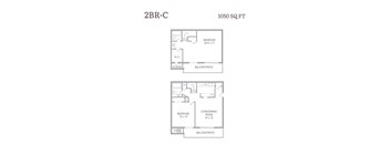 A floor plan for a 2BR-C apartment is 1050 square feet with two bedrooms, a living/dining room, a balcony/patio, and storage.