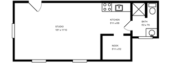 A floor plan of a house with a studio, kitchen, bath, and nook.