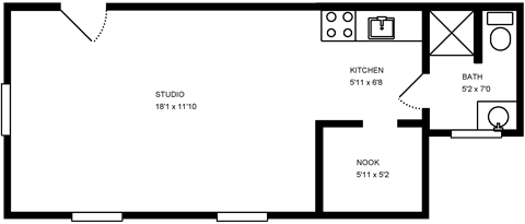 A floor plan of a house with a studio, kitchen, bath, and nook.