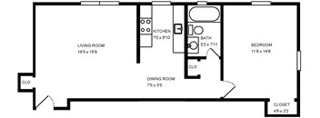 A floor plan of a home with a living room, dining room, kitchen, bathroom, and bedroom.