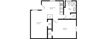A floor plan of a house with a living room, bedroom, and bathroom.