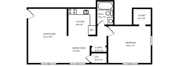 A floor plan of a house with a living room, dining room, kitchen, bedroom, and bathroom.