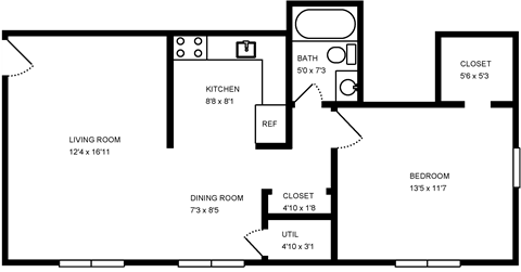 A floor plan of a house with a living room, dining room, kitchen, bedroom, and bathroom.