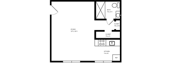 A floor plan of a house with a bath, studio, kitchen, and closet.