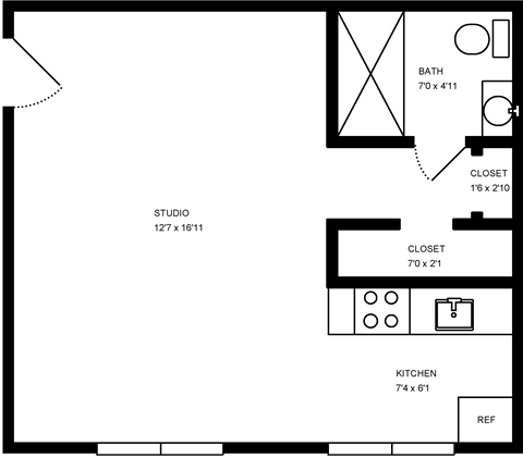 A floor plan of a house with a bath, studio, kitchen, and closet.
