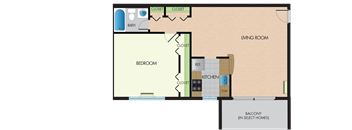 A floor plan of a house with a bedroom, living room, and kitchen.