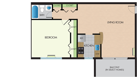 A floor plan of a house with a bedroom, living room, and kitchen.