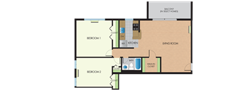 A floor plan of a home with two bedrooms, a living room, a kitchen, a bathroom, and a walk-in closet.