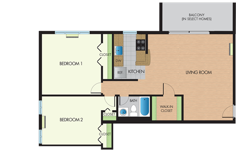 A floor plan of a home with two bedrooms, a living room, a kitchen, a bathroom, and a walk-in closet.