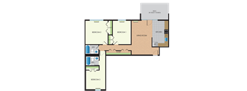 A floor plan of a house with three bedrooms, a living room, a kitchen, and a bathroom.