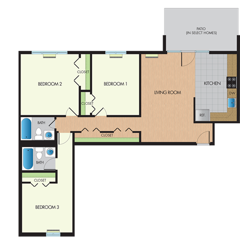 A floor plan of a house with three bedrooms, a living room, a kitchen, and a bathroom.