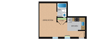 A floor plan of a small apartment with a living room, kitchen, and bathroom.