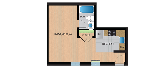 A floor plan of a small apartment with a living room, kitchen, and bathroom.