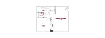 A floor plan of a small apartment with a bedroom, living room, kitchen, and bathroom.