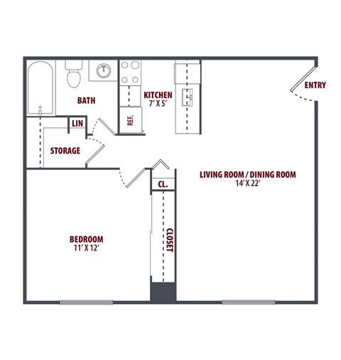 A floor plan of a small apartment with a bedroom, living room, kitchen, and bathroom.