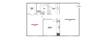 A floor plan of a house with a living room, two bedrooms, a bathroom, a kitchen, a walk-in closet, and storage.