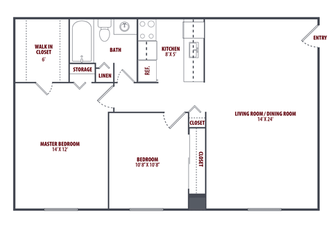 A floor plan of a house with a living room, two bedrooms, a bathroom, a kitchen, a walk-in closet, and storage.
