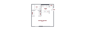 A floor plan of a small apartment with a living room, dining room, kitchen, and bathroom.