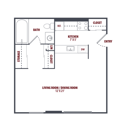 A floor plan of a small apartment with a living room, dining room, kitchen, and bathroom.