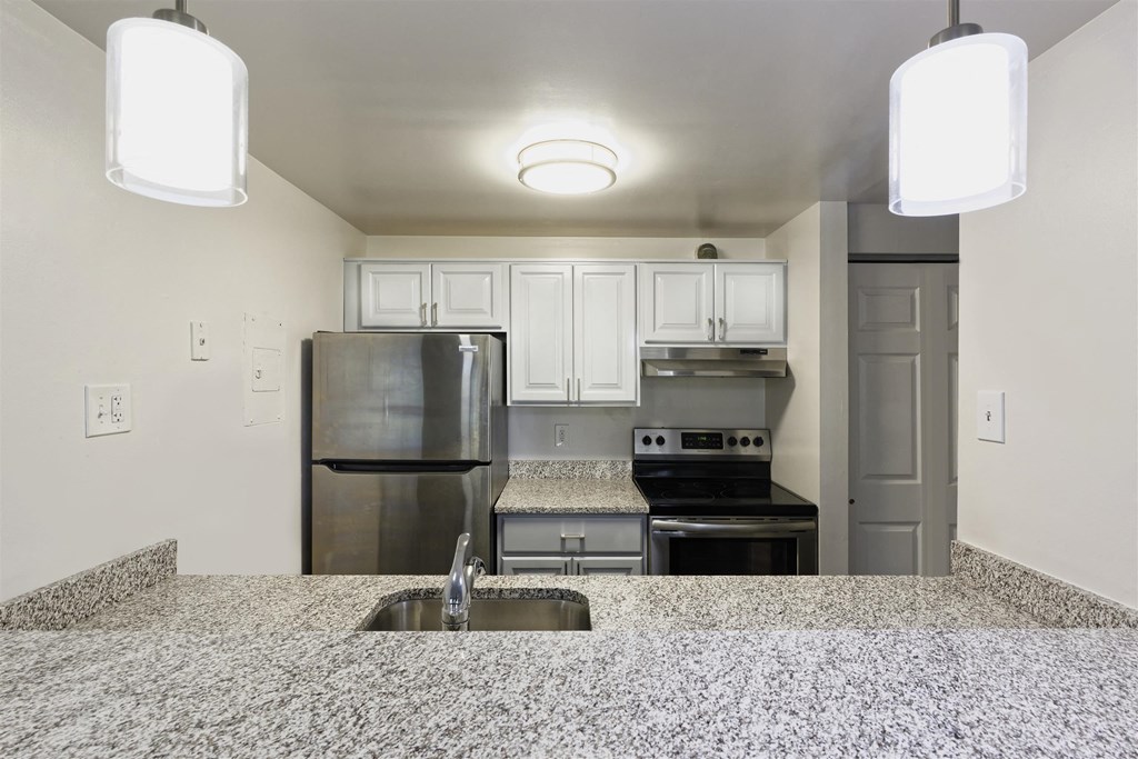 A kitchen with a granite counter top and stainless steel appliances.