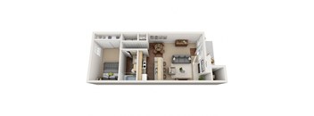 A 3D floor plan of a house with a living room, kitchen, and two bedrooms.