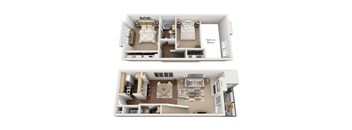 A 3D floor plan of a house with two bedrooms and a living area.