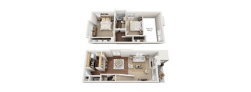 A 3D floor plan of a house with two bedrooms and a living room.