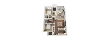 A top-down view of a small apartment with a kitchen, living room, and bedroom.