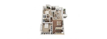 A 3D floor plan of a house with a kitchen, living room, and bedrooms.