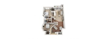 A top-down view of a house layout with a kitchen, living room, and bedrooms.