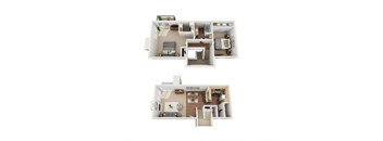 A floor plan of a two-story house with a living room, kitchen, and bedrooms.