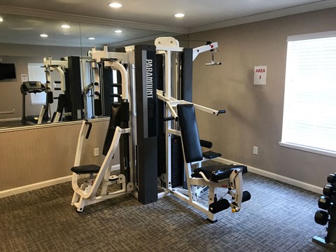 A gym with a mirror, weights, and a Parade brand machine.
