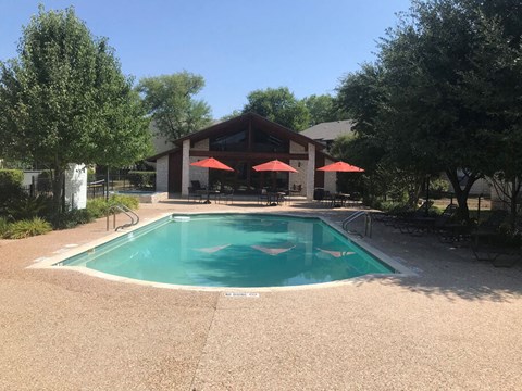 A swimming pool surrounded by trees and umbrellas.