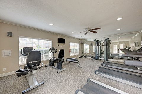 A spacious home gym with a variety of exercise equipment.