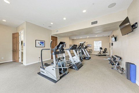 A spacious home gym with a variety of exercise equipment.